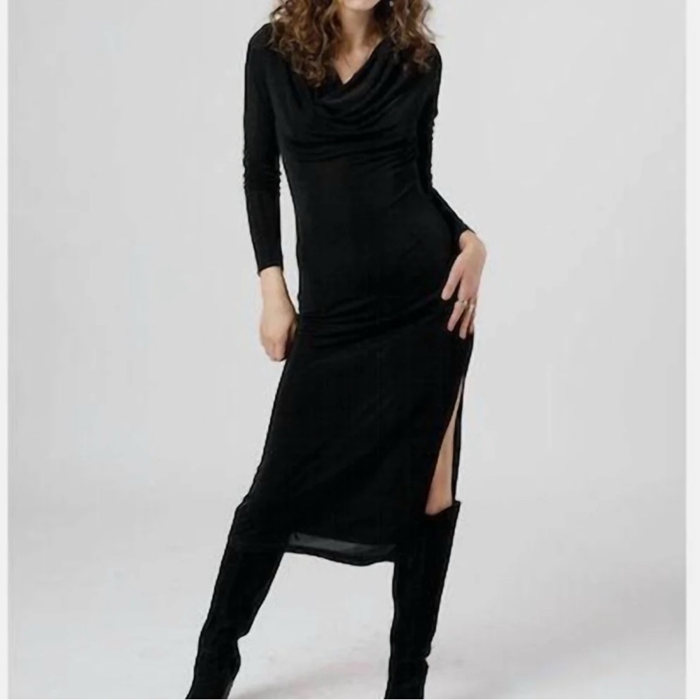 BAND OF THE FREE Annabelle Black slouch neck stretch 90's slit midi dress NWT M